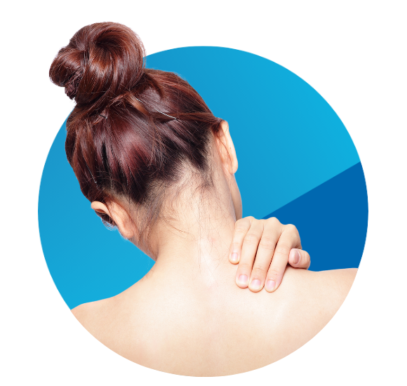 A woman seen from behind, holding her neck with one hand, suggesting discomfort or tension.